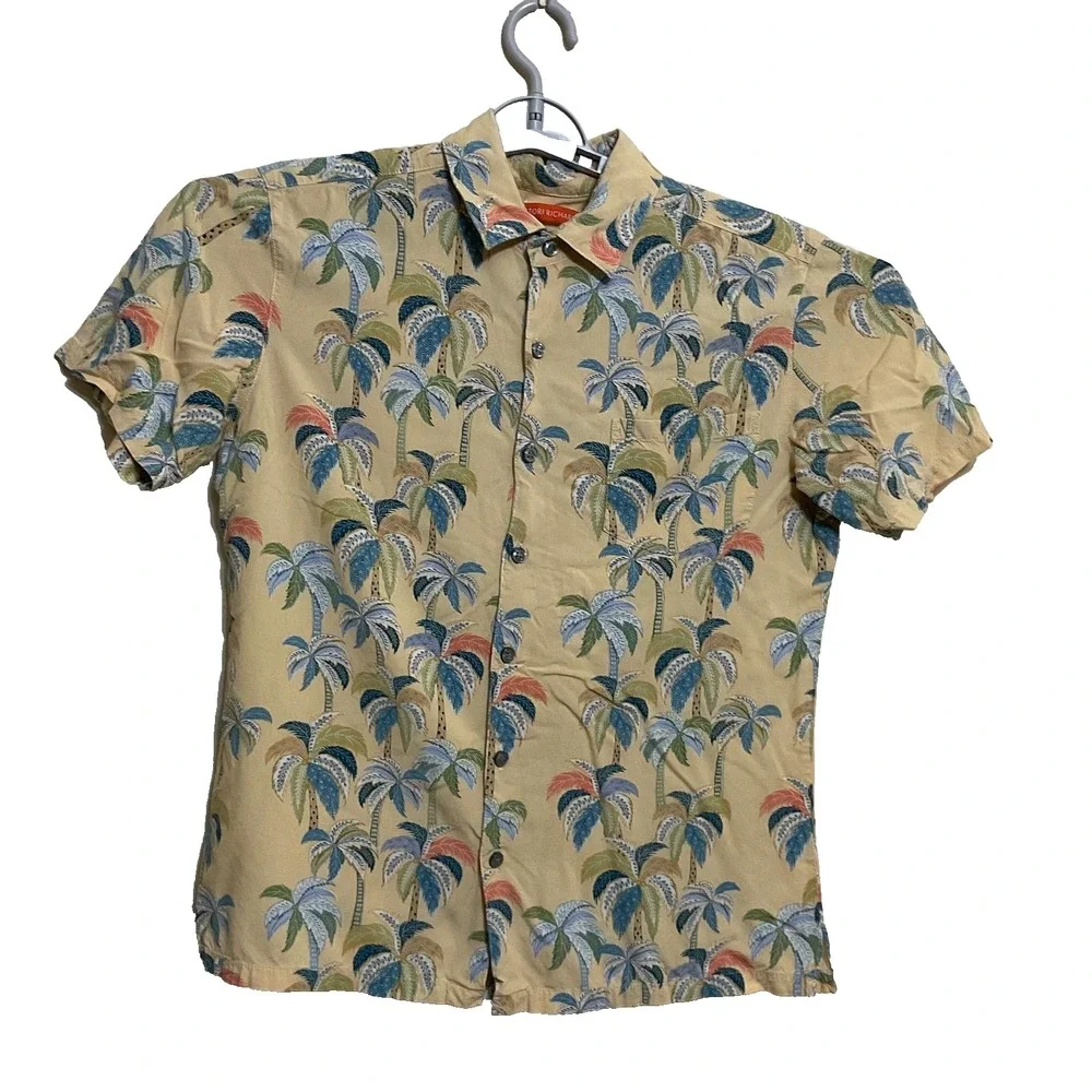 Tori Richard men's shir Hawaiian palm tree print viscose beige short-sleeve M - Picture 1 of 13
